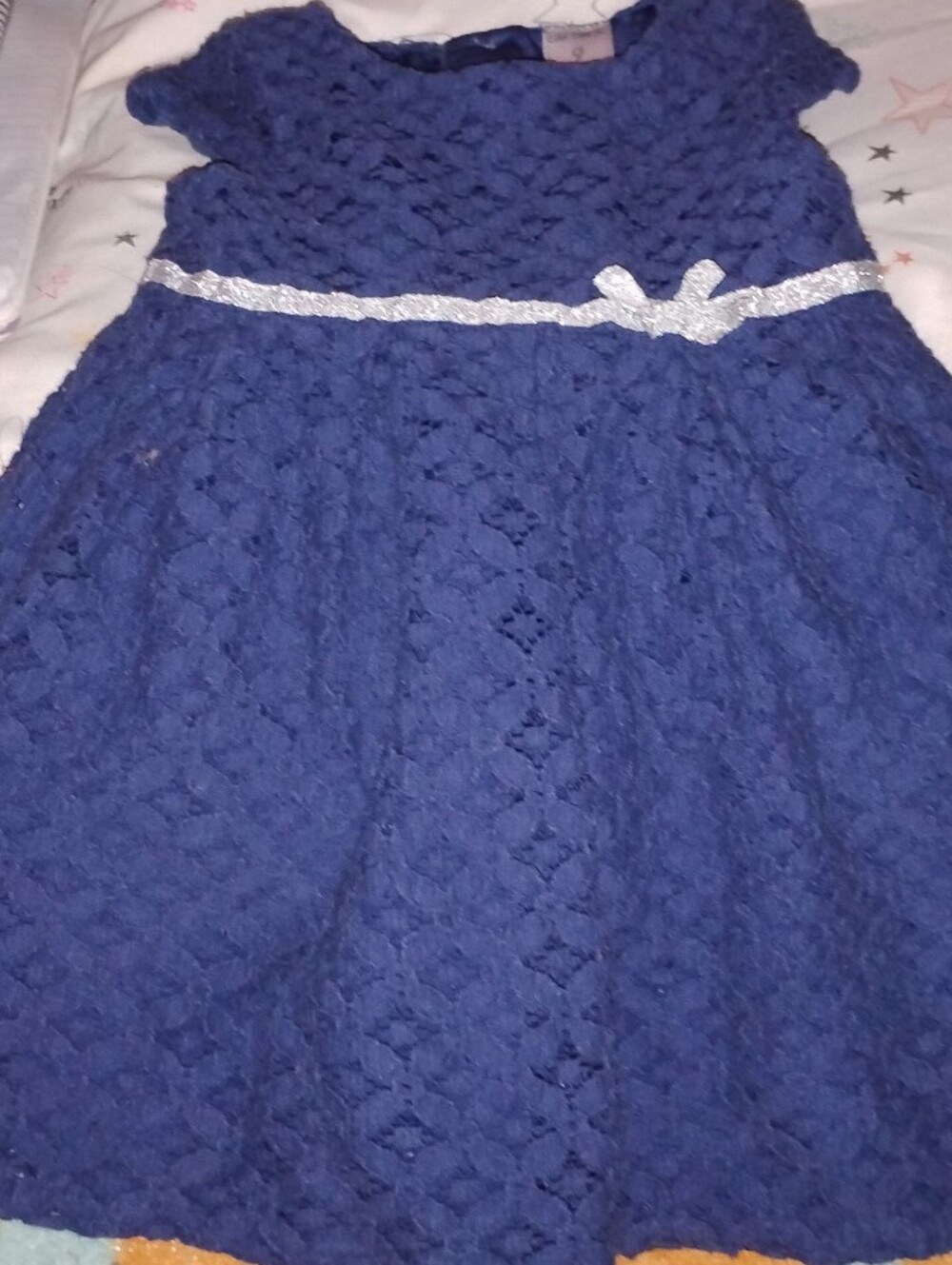 Baby/Infant Girls Navy Lace Short-Sleeve Dress with Silver Waist Accent